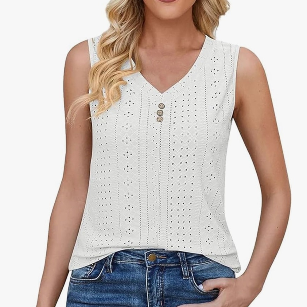 Summer trendy beach eyelet tank top minimalist white top